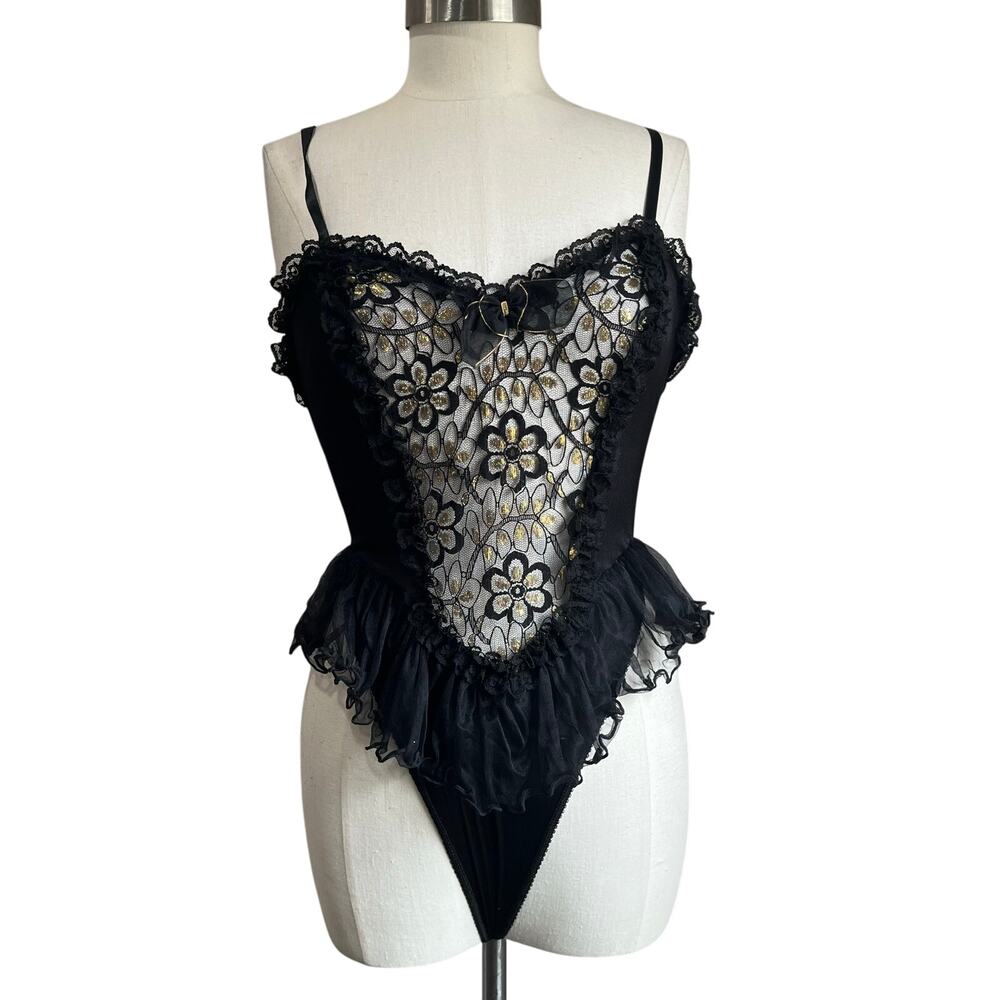 90s Vintage Dark Fairy Lace Black & Gold Bodysuit With Sheer Flouncy Tutu Size M